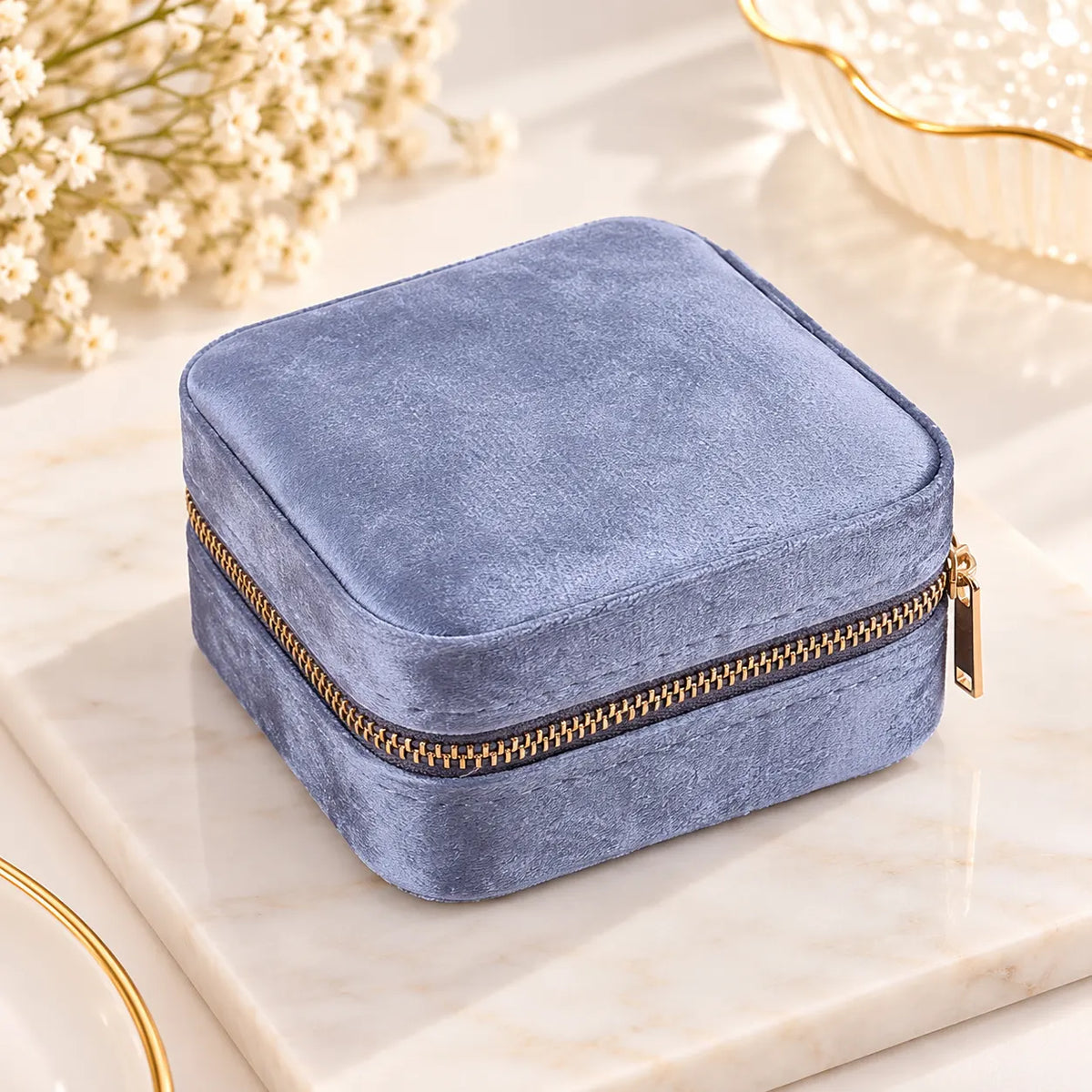 Boîte à Bijoux Velours Bleu Carrée Zippée
