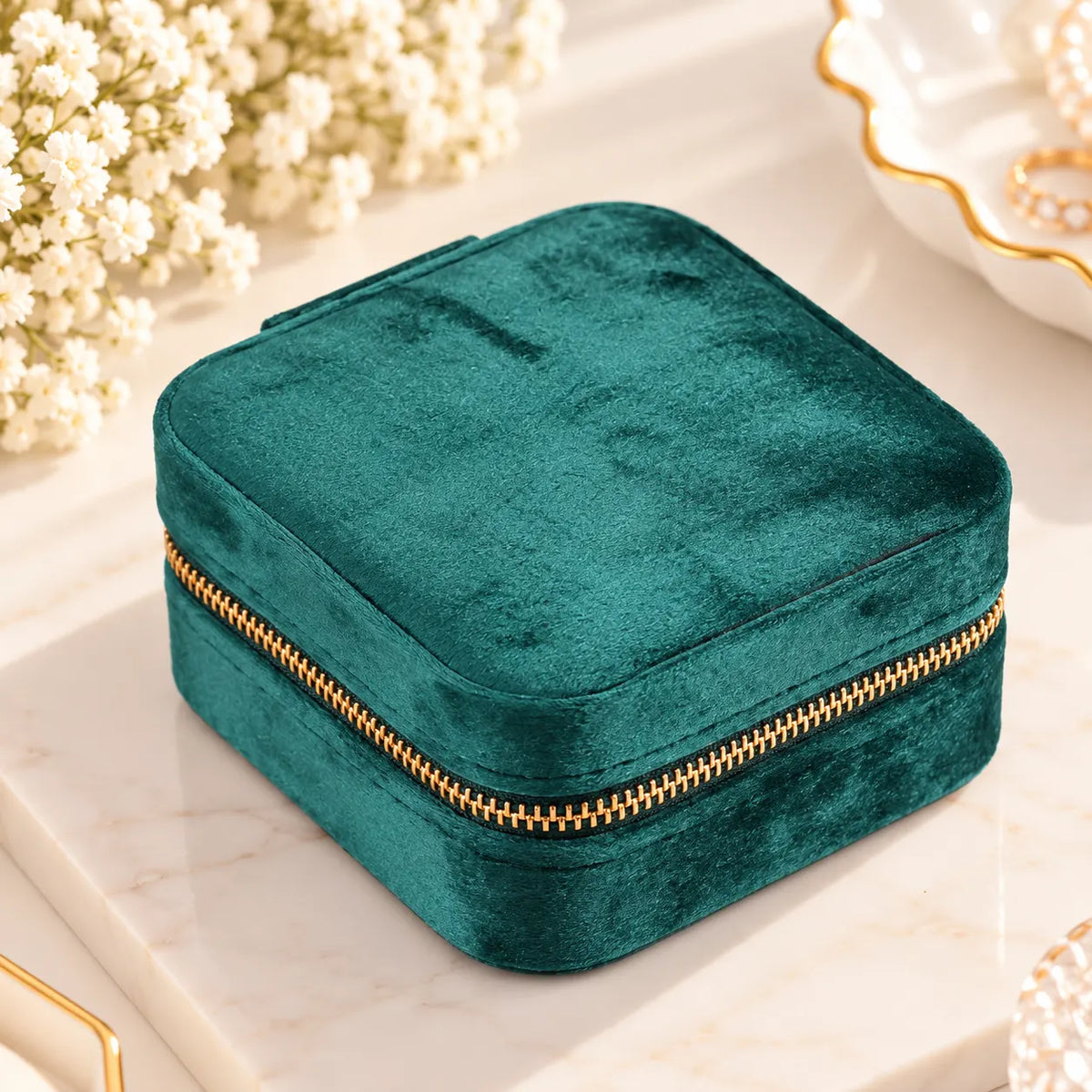 Boîte à Bijoux Carrée Velours Vert Zippée