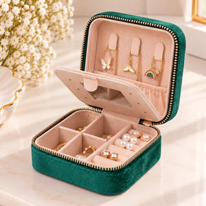 Boîte à Bijoux Carrée Velours Vert Zippée