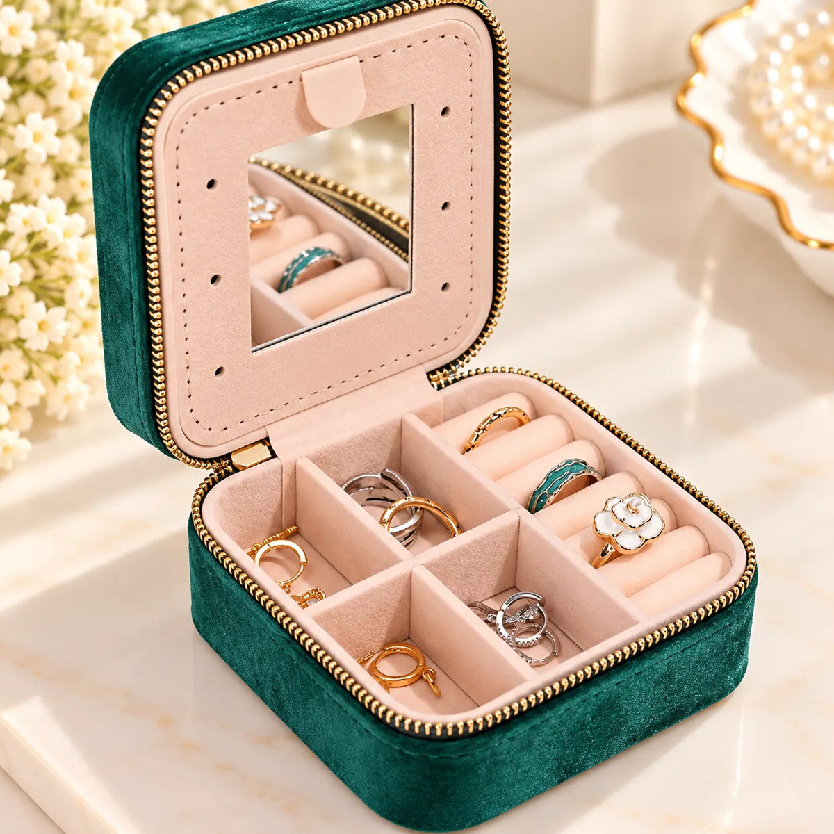 Boîte à Bijoux Carrée Velours Vert Zippée