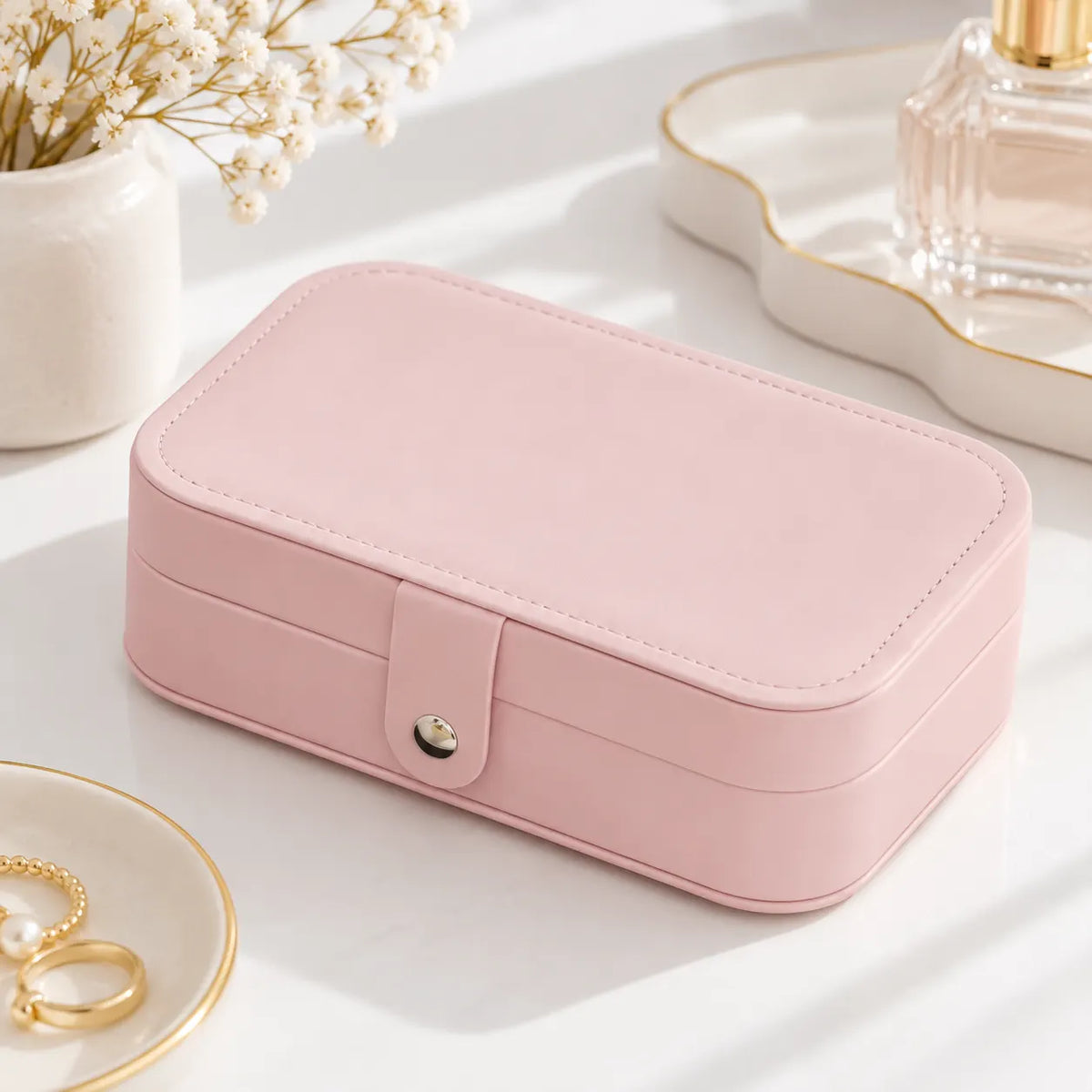 Boîte à Bijoux Rose Portable en Cuir