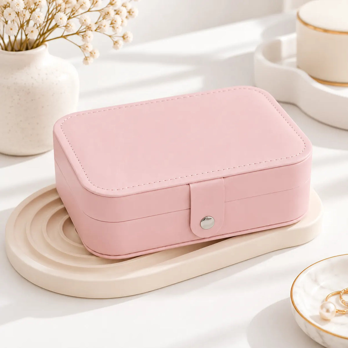 Boîte à Bijoux Rose Portable en Cuir