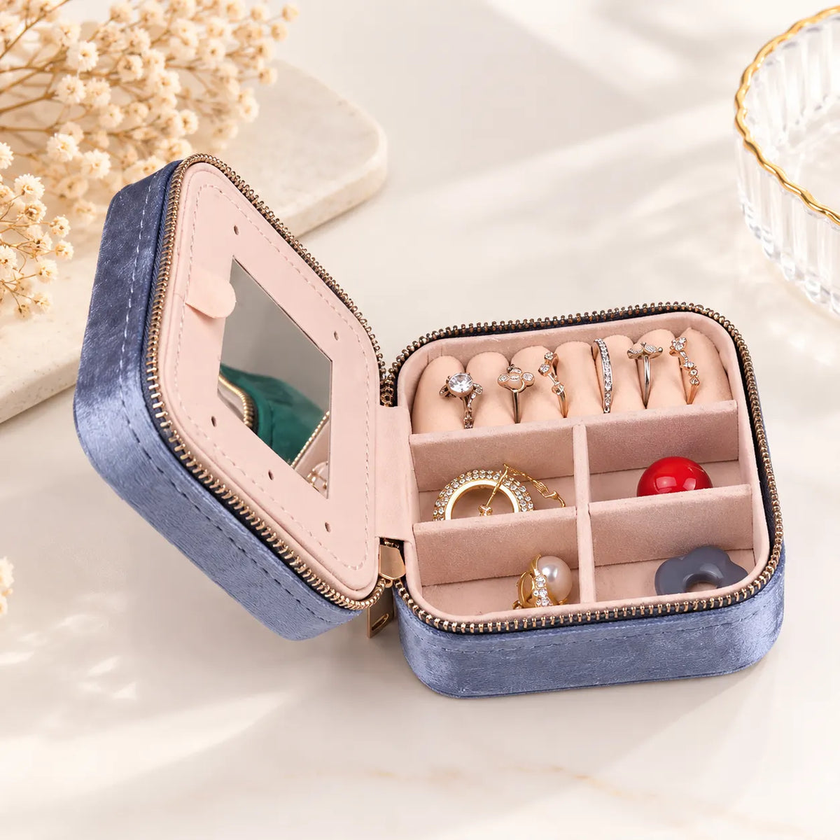 Boîte à Bijoux Velours Bleu Carrée Zippée