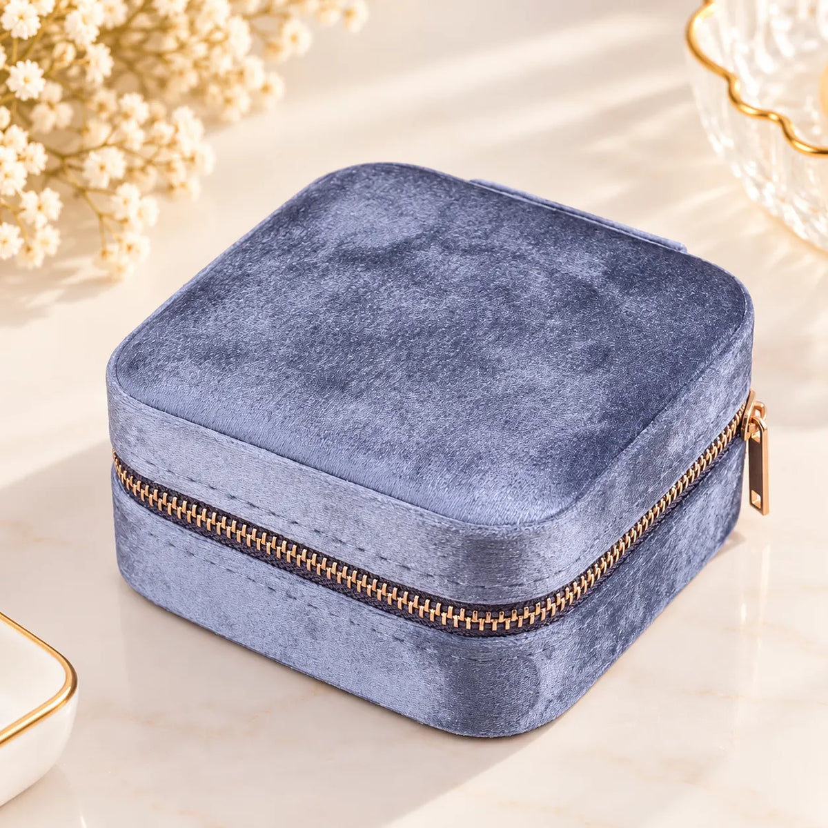 Boîte à Bijoux Velours Bleu Carrée Zippée