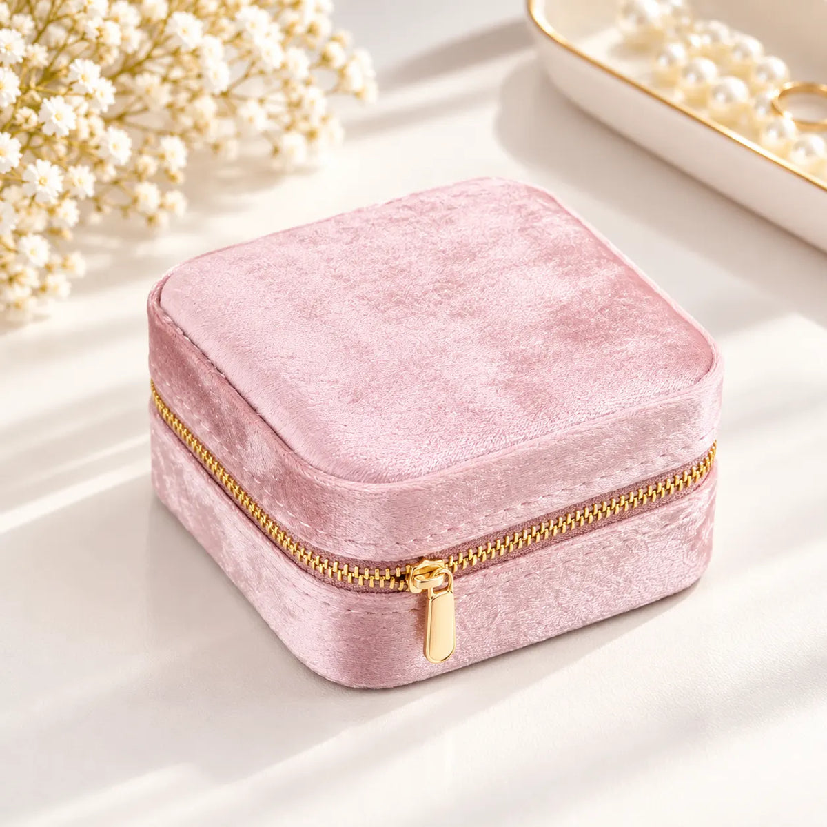 Boîte à Bijoux Velours Rose Géométrique