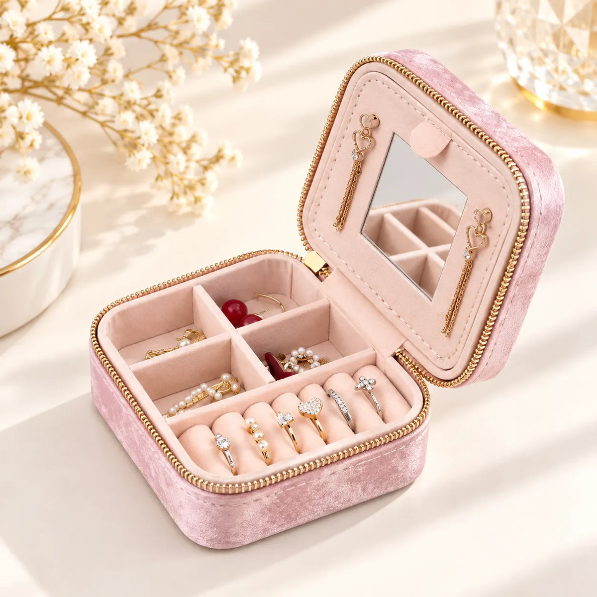 Boîte à Bijoux Velours Rose Géométrique